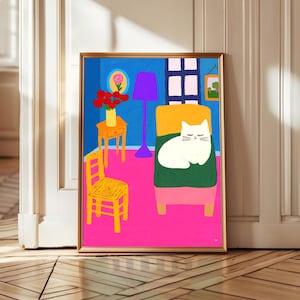 Colourful Cat Art Print: Whimsical Feline Home Decor