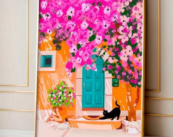 Blue Door Cat Art Print: Colourful Feline Illustration