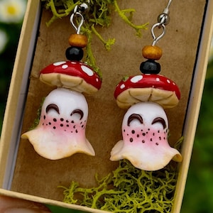 Mushroom ghost earrings, ghost mushroom earrings, Amanita ghost, cute ghost earrings, fall jewelry, Cottagecore, witchy, autumn, halloween