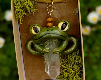 Handmade Frog Quartz Point Necklace: Polymer Clay Toad Pendant