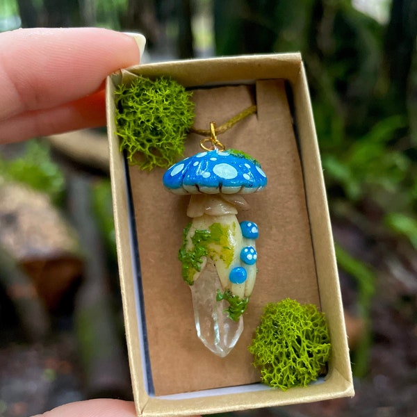 Icy blue Amanita mushroom quartz point necklace, glow in the dark mushroom, Crystal mushroom necklace, quartz point necklace, clay mushroom