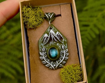 Handmade Labradorite Mountain Necklace: Clay Landscape Pendant