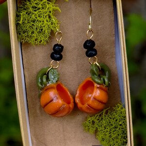 May include: A pair of dangle earrings featuring miniature pumpkin charms with green stems and black bead accents. The pumpkins are orange and have a textured surface.