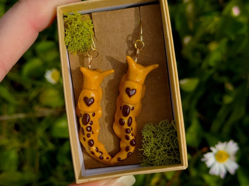 Banana slug earrings, slug earrings, PNW earrings, nature earrings, snail earrings, forest earrings, redwood forest earrings, NorCal, oregon image 1