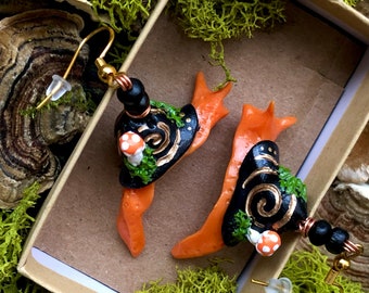 Handmade Halloween Snail Earrings: Pumpkin, Moss & Gold Leaf