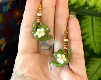 Handmade Daisy Watering Can Earrings: 70s Garden Dangles
