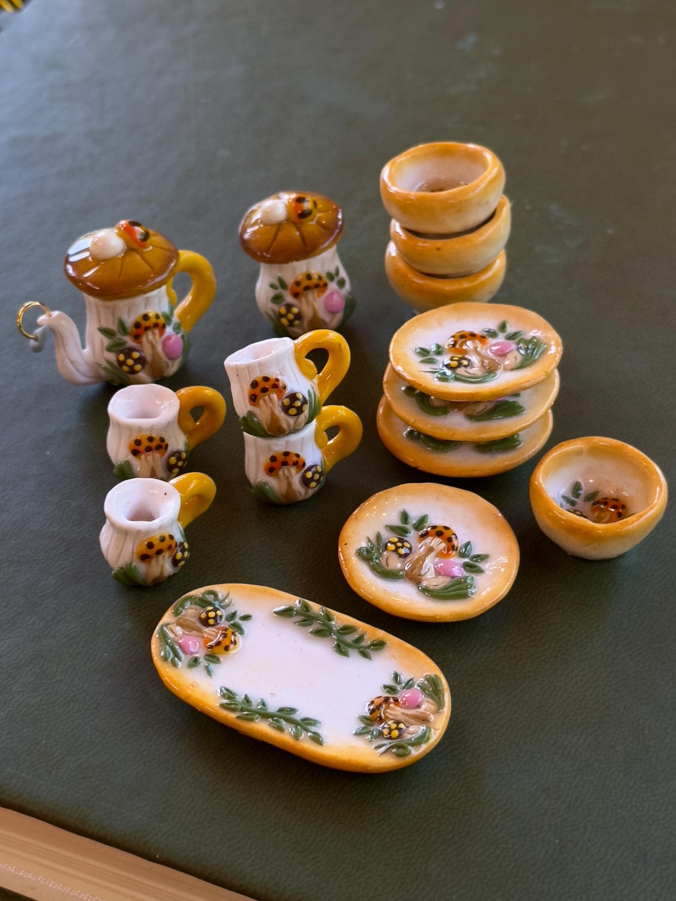 Hand-Sculpted Merry Mushroom Dollhouse Miniatures: 1970s Style Polymer Clay Dishes