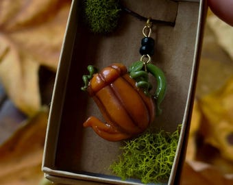 Handmade Pumpkin Teapot Necklace: Autumn Halloween Jewelry