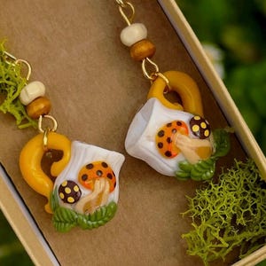 Merry Mushroom Mug Earrings: Handmade Polymer Clay Teacup Jewelry