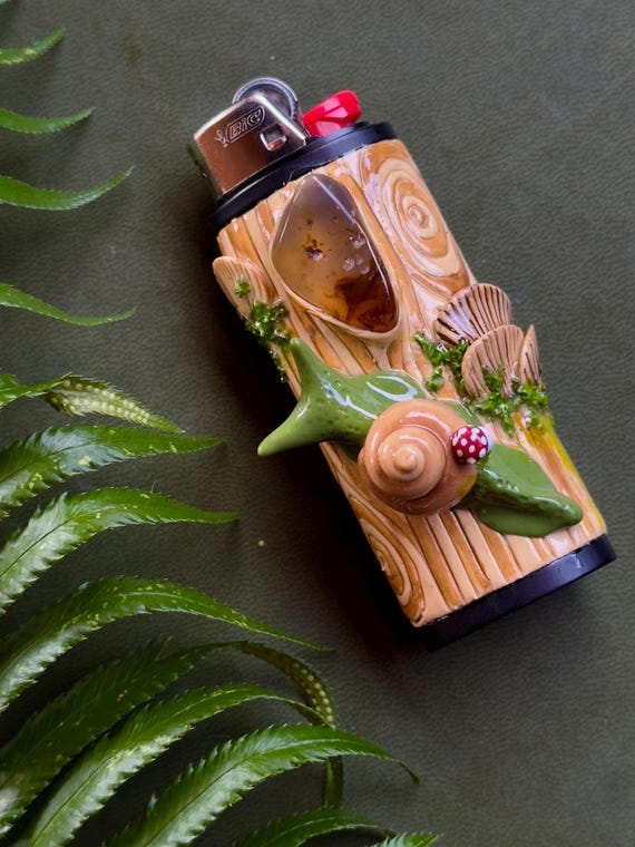 Hand Sculpted Snail Lighter Case With Agate, Forestcore Bic