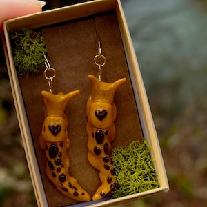 Banana slug earrings, slug earrings, PNW earrings, nature earrings, snail earrings, forest earrings, redwood forest earrings, NorCal, oregon image 3