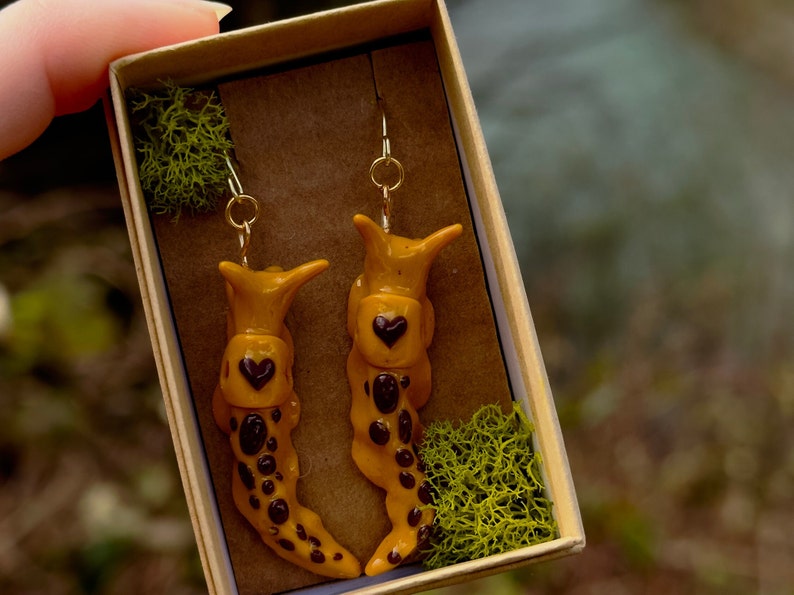 Banana slug earrings, slug earrings, PNW earrings, nature earrings, snail earrings, forest earrings, redwood forest earrings, NorCal, oregon image 3