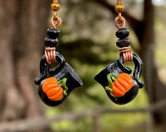 Handmade Pumpkin Mug Earrings: Hypoallergenic Halloween Teacups