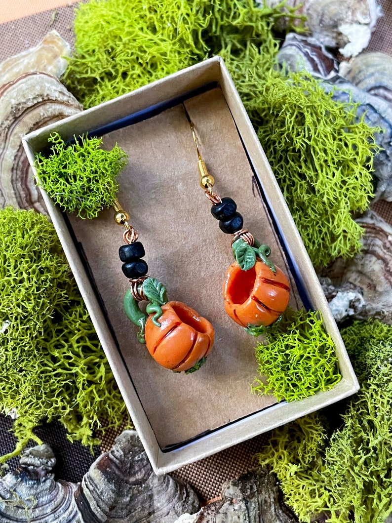 May include: A pair of pumpkin-shaped earrings with black beads and gold hooks. The earrings are displayed in a small cardboard box on a bed of green moss.