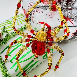 Red Beaded Christmas Spider Ornament: Glass Crystal Holiday Decor