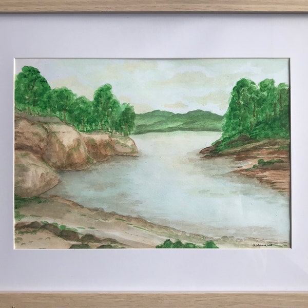 Original aquarelle painting, lake, forest and cliffs, by international artist.