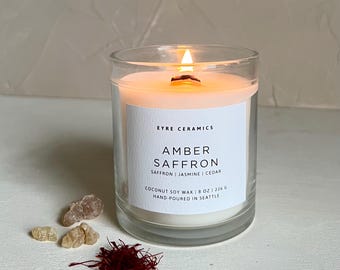 Amber Saffron Candle | Coconut Soy Candle | Floral Woody Scent | Wood Wick | Sustainable Gift | Summer Home Decor | Handmade in Seattle