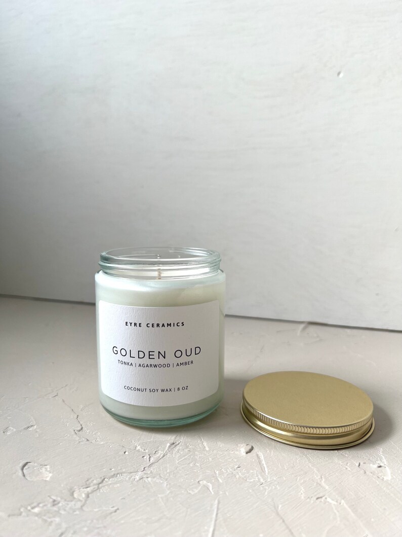 Golden Oud Tonka Bean, Agarwood, and Amber Scented Candle Coconut Soy