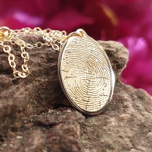 14k Solid Yellow Gold Oval Memorial Fingerprint Necklace