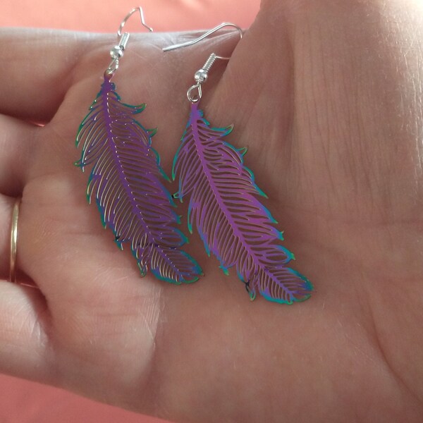 Boucles d'oreilles Plumes- Multicolore- "Holographique"