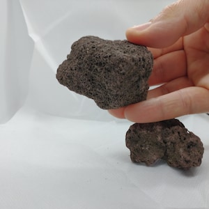 Può includere: Due pietre di lava di colore grigio scuro, porose e di forma irregolare. La pietra più grande è tenuta in una mano.