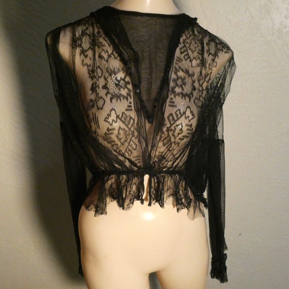 1920's Sheer Black Lace Beaded Blouse