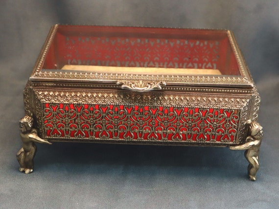 Vintage Gold Ormolu Jewelry Box Hollywood Regency… - image 1