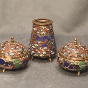 Vintage Cloisonne Dragon Condiment Set Salt Cellars Shaker