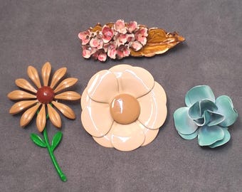 Vintage Enamel Flower Pin Lot 4 Pc