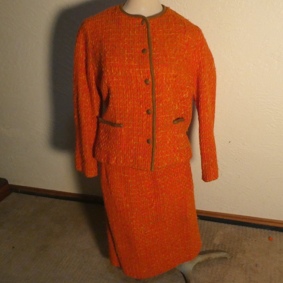 Joseph Magnin Orange Wool Suit Vintage Jacket & Sk