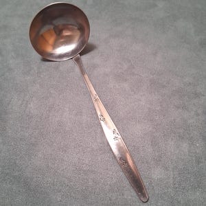 May include: A silver ladle with a round bowl and a long, slender handle. The handle is decorated with small floral patterns. The ladle is designed for serving soups, sauces, or other liquids. The ladle is made of a shiny, reflective metal.