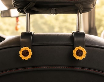 Set of 2 Car Seat Hooks, Crochet Sunflower/Daisy FLower Car Organizer, Cute Interior Car Accessories for Women