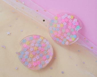 Glitter Car Coaster, Set of 2, Rainbow Daisy Flower Resin Car Coasters, Cute Car Accessory for Women, 2.75'' Car Coasters, Car Cup Coaster