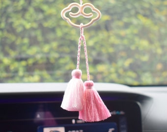 Car Air Freshener Mirror Hanging, Cute Clouds/Tassel Decorated Car Accessories for Women, Good Luck Car Rear View Mirror Charm