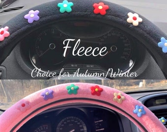 Fleece/Ice Silk Steering Wheel Cover, Cute Flowers Steering Wheel Cover with Grip, Boho Steering Wheel Cover, Car Interior Accessory Women