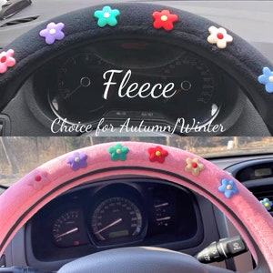 Fleece / Ice Silk Lenkradbezug, süße Blumen-Lenkradbezug mit Griff, Boho-Lenkradbezug, Auto-Innenzubehör-Frauen