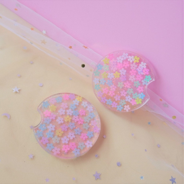 Glitter Car Coaster, Set of 2, Rainbow Daisy Flower Resin Car Coasters, Cute Car Accessory for Women, 2.75'' Car Coasters, Car Cup Coaster