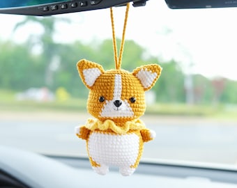 Crochet Corgi Car Mirror Hanging Accessory, Kawaii Dog Rear View Mirror Charm, Cute Car Interior Accessories for Women/Teens/Men