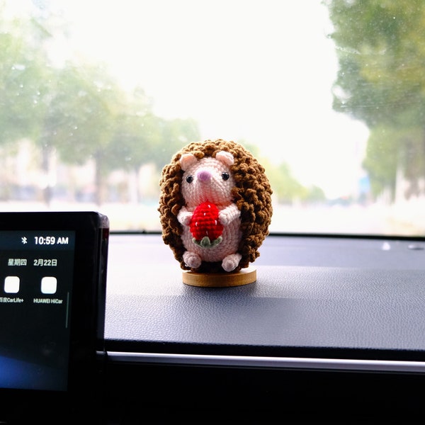 Crochet Strawberry Hedgehog Car Dashboard Decor, Cute Chunky Hedgehog Car Accessory, Anime Car Interior Accessory for Women/Teens, Car Gifts