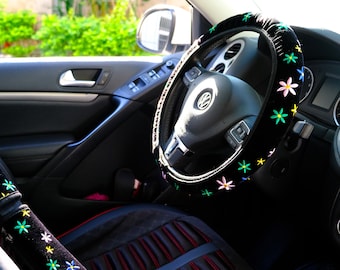 Flower Embroidery Steering Wheel Cover, Floral Steering Wheel Cover, Cute Girly Car Accessories for Women