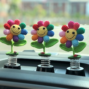 Smiley Sunflower Car Dashboard Decor, Crochet Bobblehead Rainbow Sunfower Car Interior Accessory for Women, Car Air Freshener Diffuser