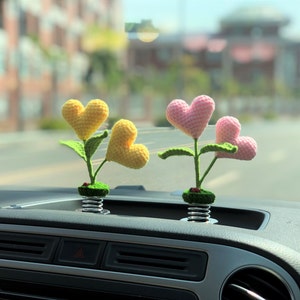 Crochet Heart Plant Car Dashboard Decor, Heart-shaped Flowers Car Accessories for Women, Cute Car Accessories Interior, Car Air Freshener