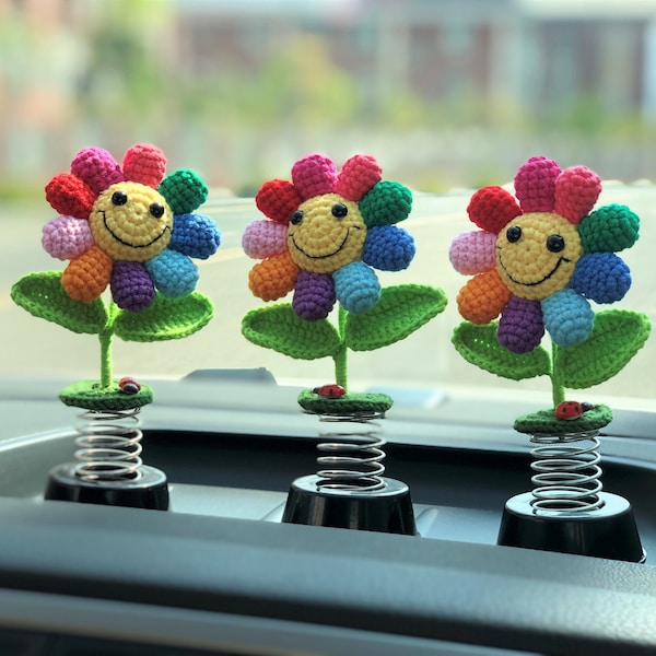 Crochet Smiley Sunflower Car Dashboard Decor, Bobblehead Rainbow Sunfower Car Accessory, Car Interior Accessory for Women, Car Air Freshener