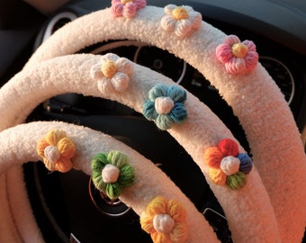 Gehaakte pluizige stuurhoes met bloemen, stuurhoes voor dames, schattige girly auto-accessoires voor dames