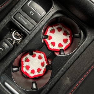 Car Coaster Set of 2, Crochet Strawberry/Tulip Car Coasters, Cute Car Accessory for Women, 2.75&#39;&#39; Car Coasters, Crochet Flower Car Ornaments