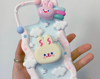 Decoden Phone Case, Bunny/Rainbow/Cloud Phone Case, Kawaii 3D iPhone Case, Custom Phone Case for iPhone 12/13/14/15 Pro Max, Galaxy, Google