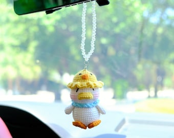 Cute Car Mirror Hanging Charm, Crochet Cheering Duck Car Accessory for Women,  Kawaii Car Rear View Mirror Accessories, Car Interior Decor