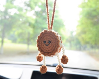 Crochet Cookie Doll Car Hanging Accessories, Kawaii Smiley Cookie Rear Mirror Accessories, Anime Car Interior Accessory for Women/Teens