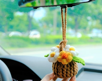 Gehaakte pluizige bloemen auto spiegel opknoping accessoires, Mini Daisy bloemenmand auto achteruitkijkspiegel accessoire, Boho interieur auto accessoire