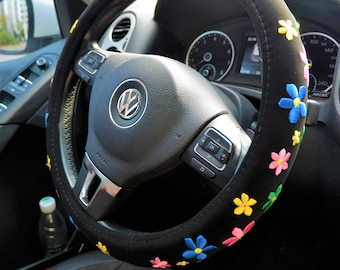 Flower Embroidered Steering Wheel Cover, Elastic Steering Wheel Cover, Boho Steering Wheel Cover for Women, Cute Steering Wheel Cover